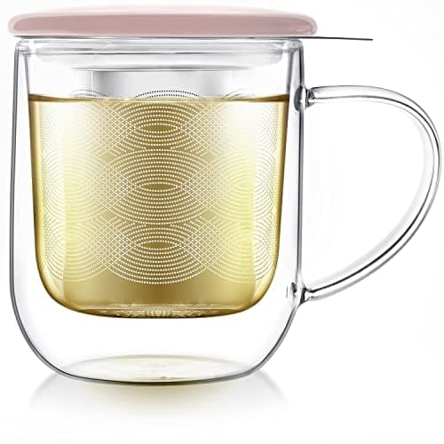 Teabloom TeaForOne Steeping Mug Insulated Double Wall Glass Mug 12 oz Stainless Steel Infuser Porcelain LidCoaster Great For Brewing Loose Leaf Tea