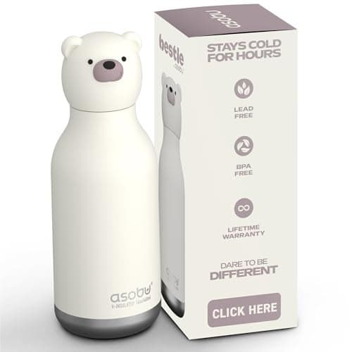 asobu Bestie Bottle Insulated Stainless Steel Water Bottle with Detachable Soft Animal Head Fun Drinking For Kids and Teens with Flexible Reusable Straw 16 Ounce (Bear)