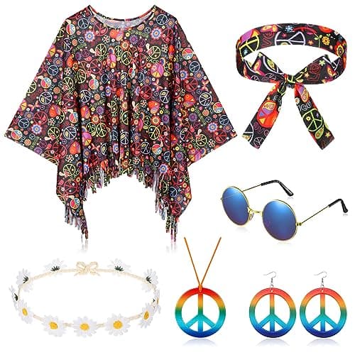 Hicarer 6 Pcs Hippie Costume Accessories Set Includes Headband Poncho Necklace Earrings Sunglasses for Women Girls Stylish Flower