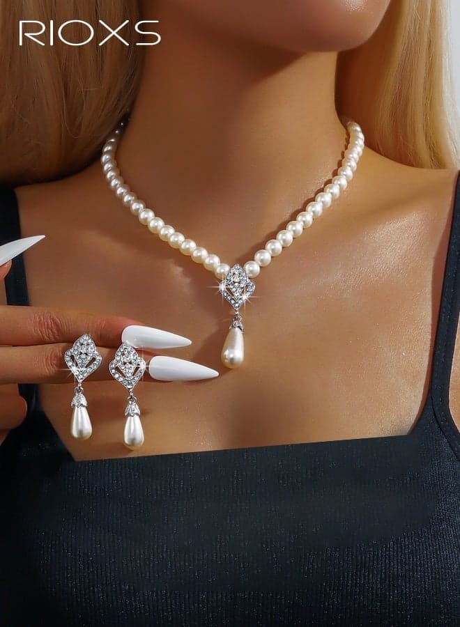 2 Pcs Pearl Jewelry Set for Women, Elegant Sliver Rhinestone Pearl Necklaces Earrings, Dainty Sparrky Imitation Wedding Pearl Necklace and Earrings, Crystal Bride Choker Necklace Accessories for Valentine, Wedding, Costume, Prom, Party