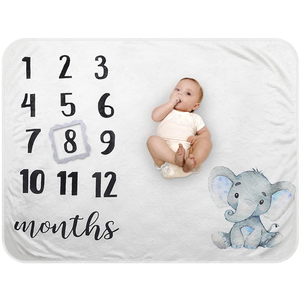 Baby Monthly Milestone Blanket Organic Plush Fleece Photography Background Prop for Boy Girl Newborn Soft Elephant Blanket with Frame Large 47x40