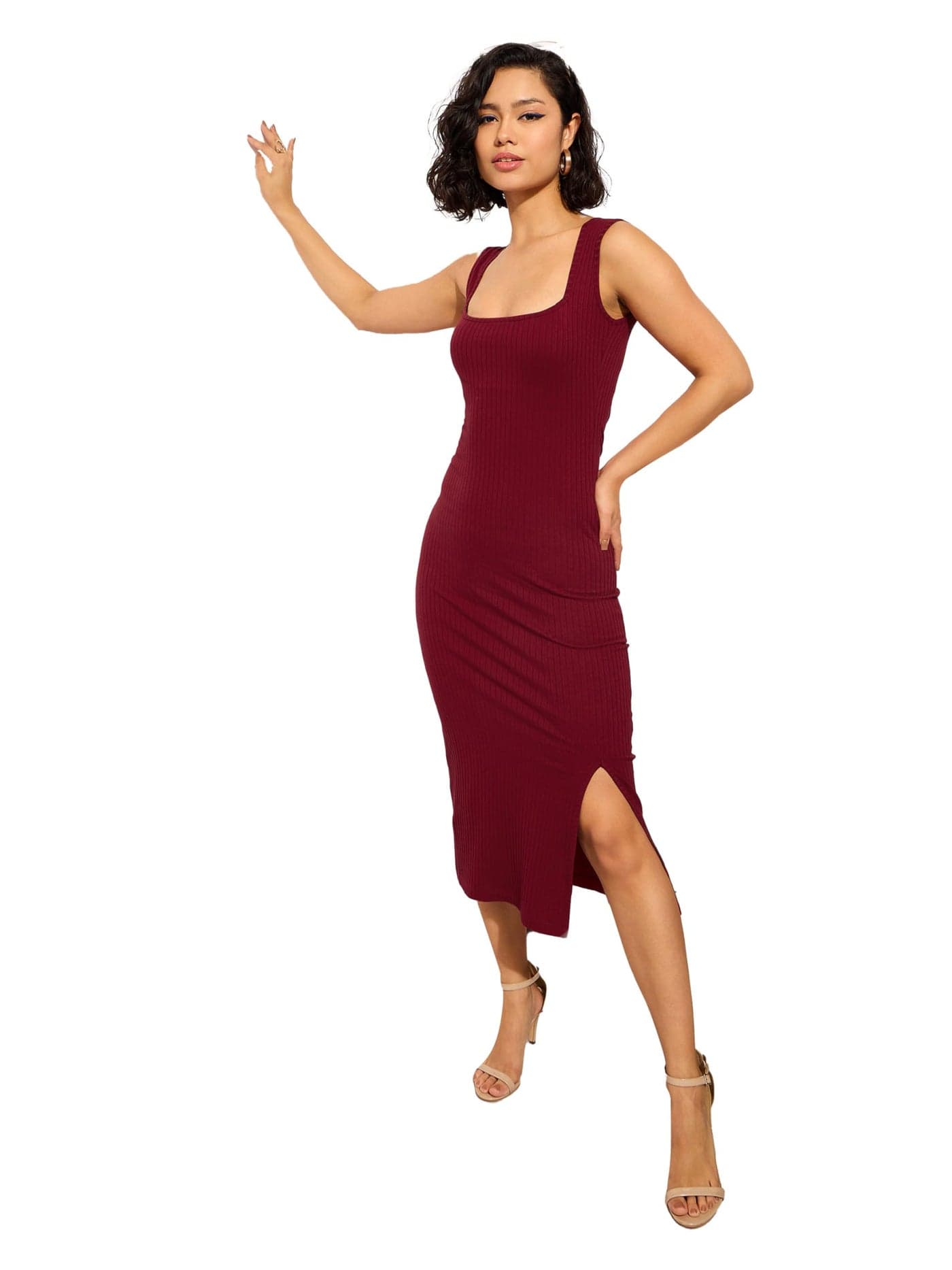 barcino Maroon Rib Square Neck Sleeveless Midi Dress