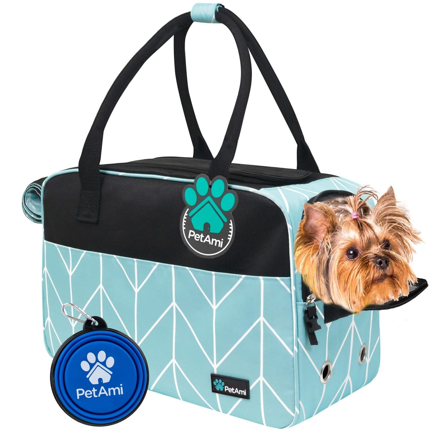 PetAmi Dog Purse Carrier for Small Dogs Airline Approved Soft Sided Pet Carrier with Pockets Ventilated Dog Carrying Bag for Puppy Cat Dog Travel Supplies Bag Sherpa Bed Max 12 lbs Chevron Teal