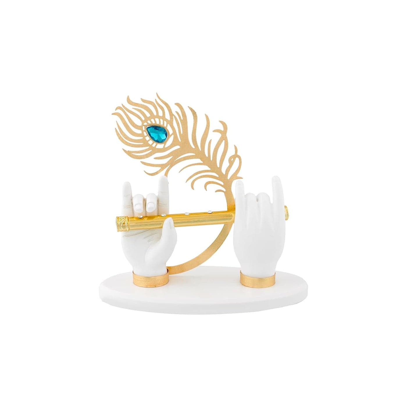 JSK Arts 24k Gold Plated Lord Krishna Hand Idols with Flute Figurine Krishna Ji with Peacock Feather Classical Show Piece for Dcor Wedding Tabletop Corporate Gift Purposes White7 Inch