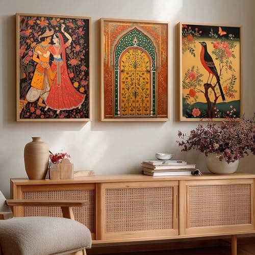 kotart Traditional Wall Art Painting With Frame | Madhubani Paintings Home Decoration For Living Room Bed Room Hotel Wall Decor Digital Reprint Set of 3 (13X17 inch)