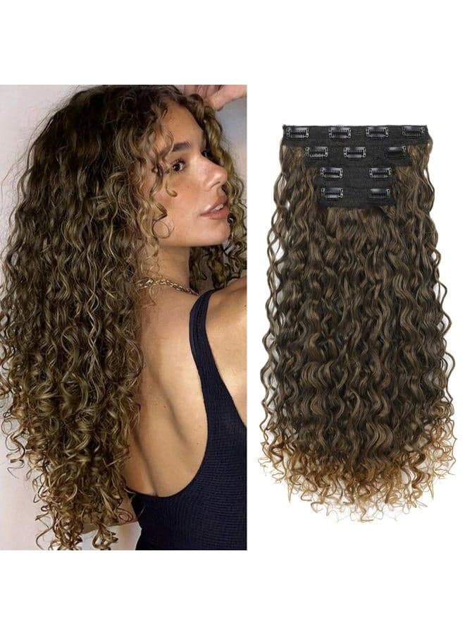 Clip in Hair Extensions, 4PC 100% Pure Protein Silk Hair Extensions Long Soft Natural Hairpiece 20 Inch Curly Hair Extension for Women (Brown to Dirty Blonde)