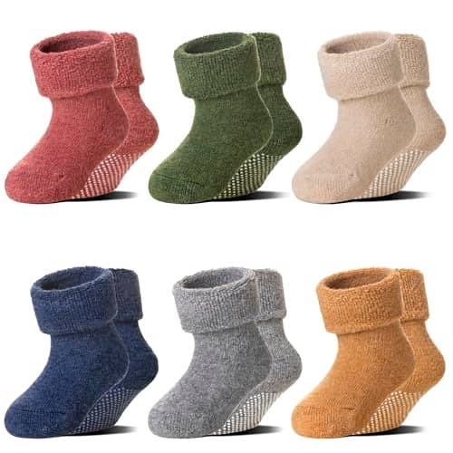 Eocom 6 Pairs Baby Boy Girl Non Slip Socks Child Toddler Winter Thick Soft Wool Kids Warm Socks with Grips (Solid Color B, 3-5T)