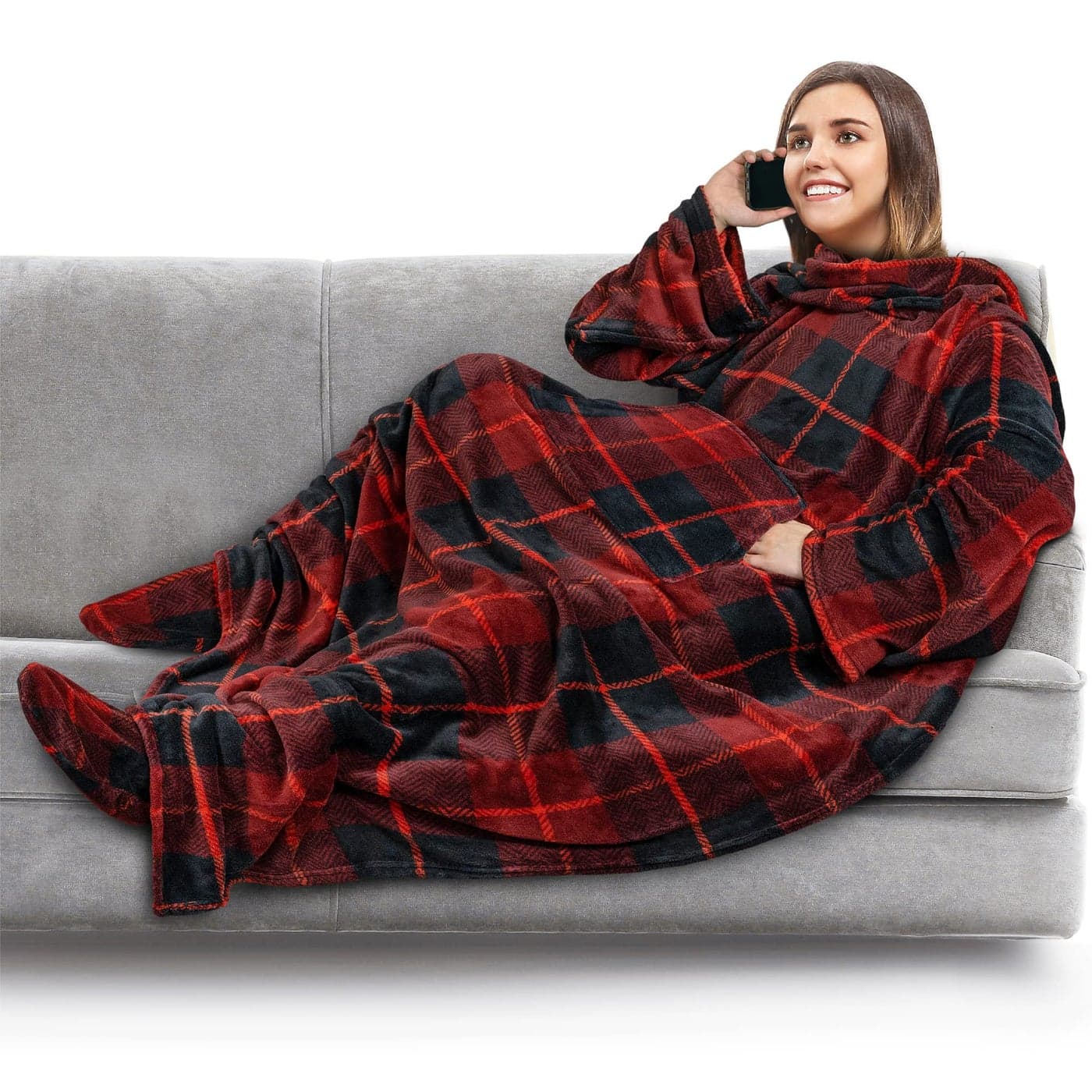 PAVILIA Fleece Blanket with Sleeves Foot Pockets for Women Men Adults Plush Wearable Blanket Throw Wrap Warm Snuggle Blanket Robe Cozy Gift Ideas Wife Mom Plaid Red