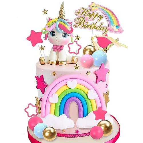 29 PCS Unicorn Cake Topper Unicorn Rainbow Cake Decorations with Rainbow Stars Unicorn Balls Happy Birthday Cake Decorations for Boys Girls Kids Birthday Party Baby Shower Supplies Star