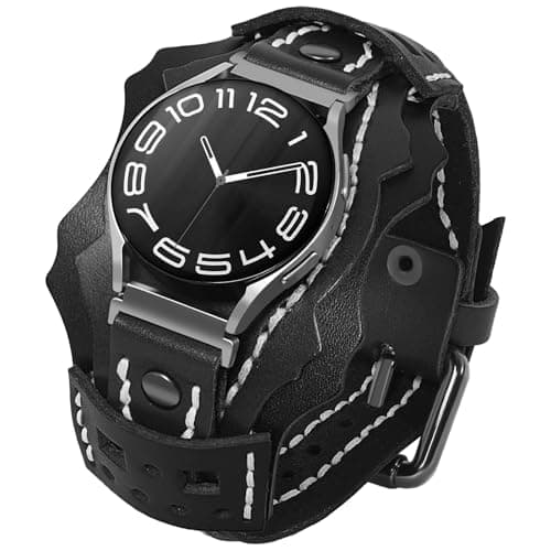 VIQIV Leather Band Compatible with Samsung Galaxy Watch 7654FE Active 2 40mm 44mmWatch 4 6 Classic 43mm 47mm 42mm 46mmWatch 5 Pro 45mm Bands Men 20mm TwoTone Gothic Biker Sport Leather Strap Women Black