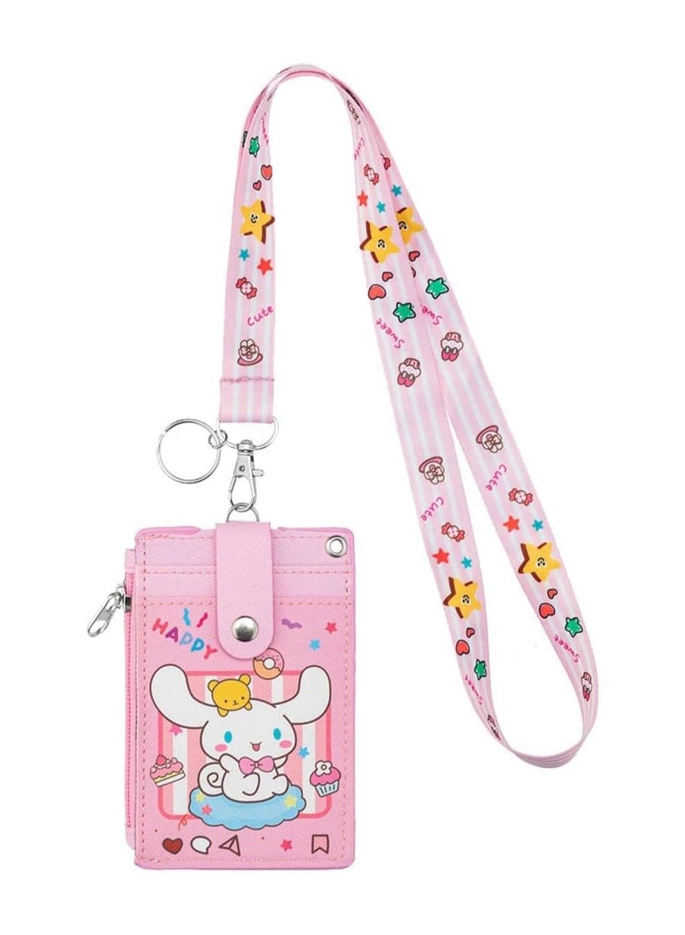 Cute ID Card Holder with Lanyard, Durable PU Leather Cartoon ID Card Holder with Zip Pocket Wallet Keychain Lanyard for Students Teenage Staff