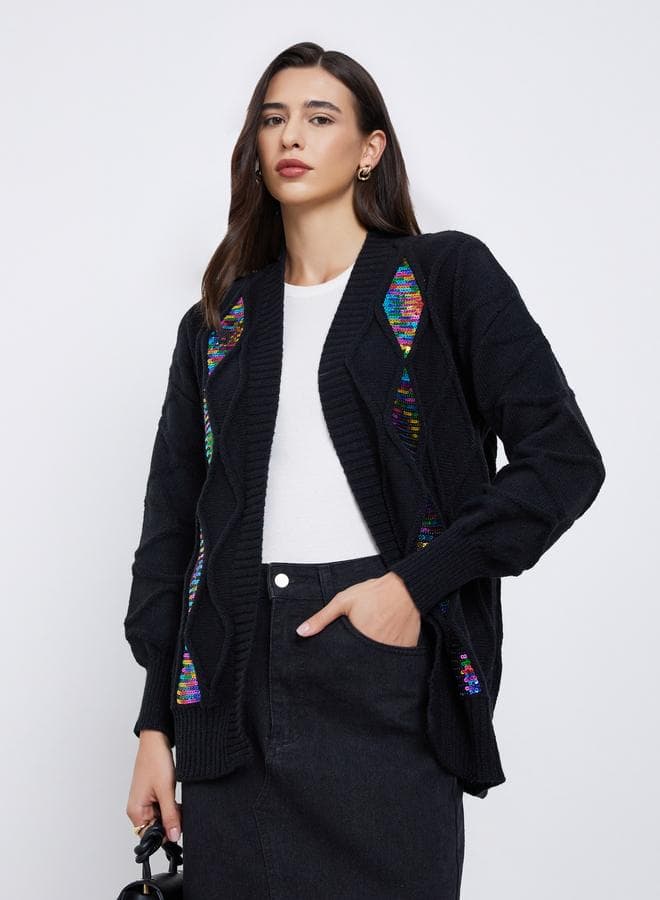 Take Two Black Front Open Sequined Cardigan