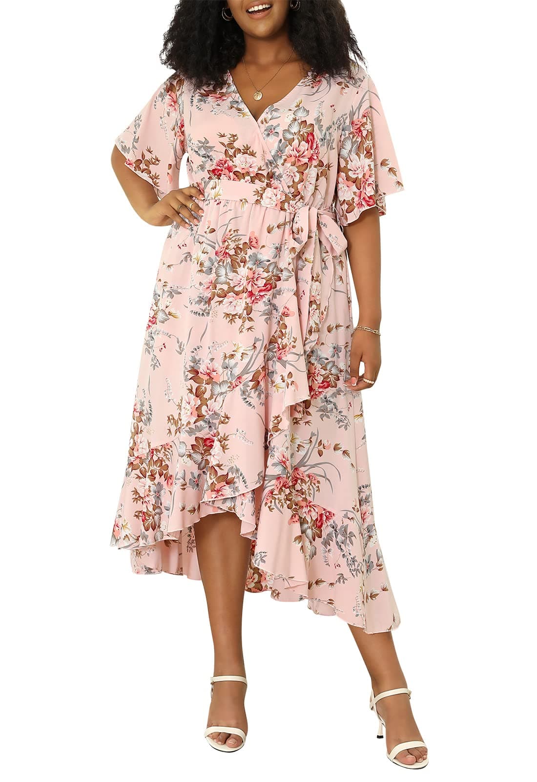 Keluummi Plus Size Summer Wedding Guest Maxi Dress for Curvy Women, V Neck 3/4 Sleeve Empire Waist A Line Floral Long Dress (16 Plus, 02 - Pink Floral)