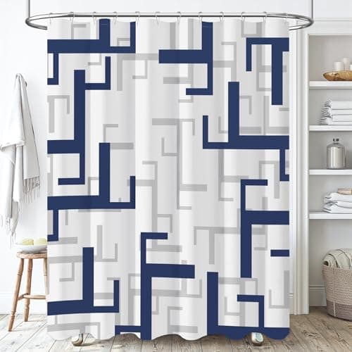 BTTN Navy Blue Shower Curtain - Geometric Fabric Shower Curtain Set, Water Repellent, Machine Washable, Hotel Spa Luxury Cloth Shower Curtains for Bathroom- 72x72