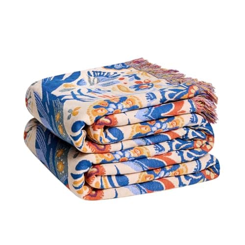 LUTBM Boho Throw Blanket for Couch Sofa Chair Cotton Summer Blankets for Bedroom Living Room All Season Soft Lightweight Reversible Floral Bird Embroidery Throws 50"x60"