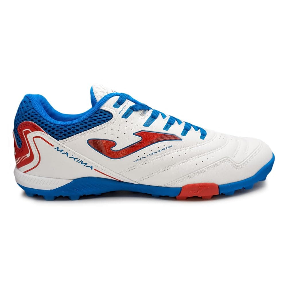 Joma Maxima Adult Turf Soccer Shoes Mens Lightweight Artificial Grass Cleats with HighTraction Rubber Outsole Durable Cushioned Breathable Synthetic Soccer Footwear WhiteRedBlue