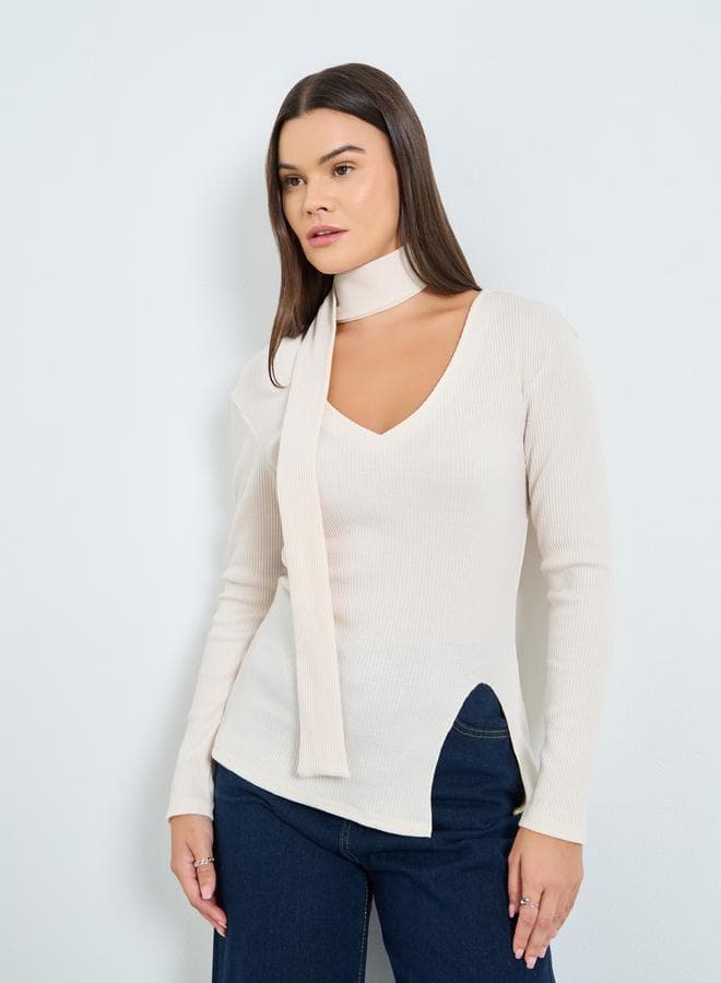 Styli Ribbed Knitted Chocker Neckline Top