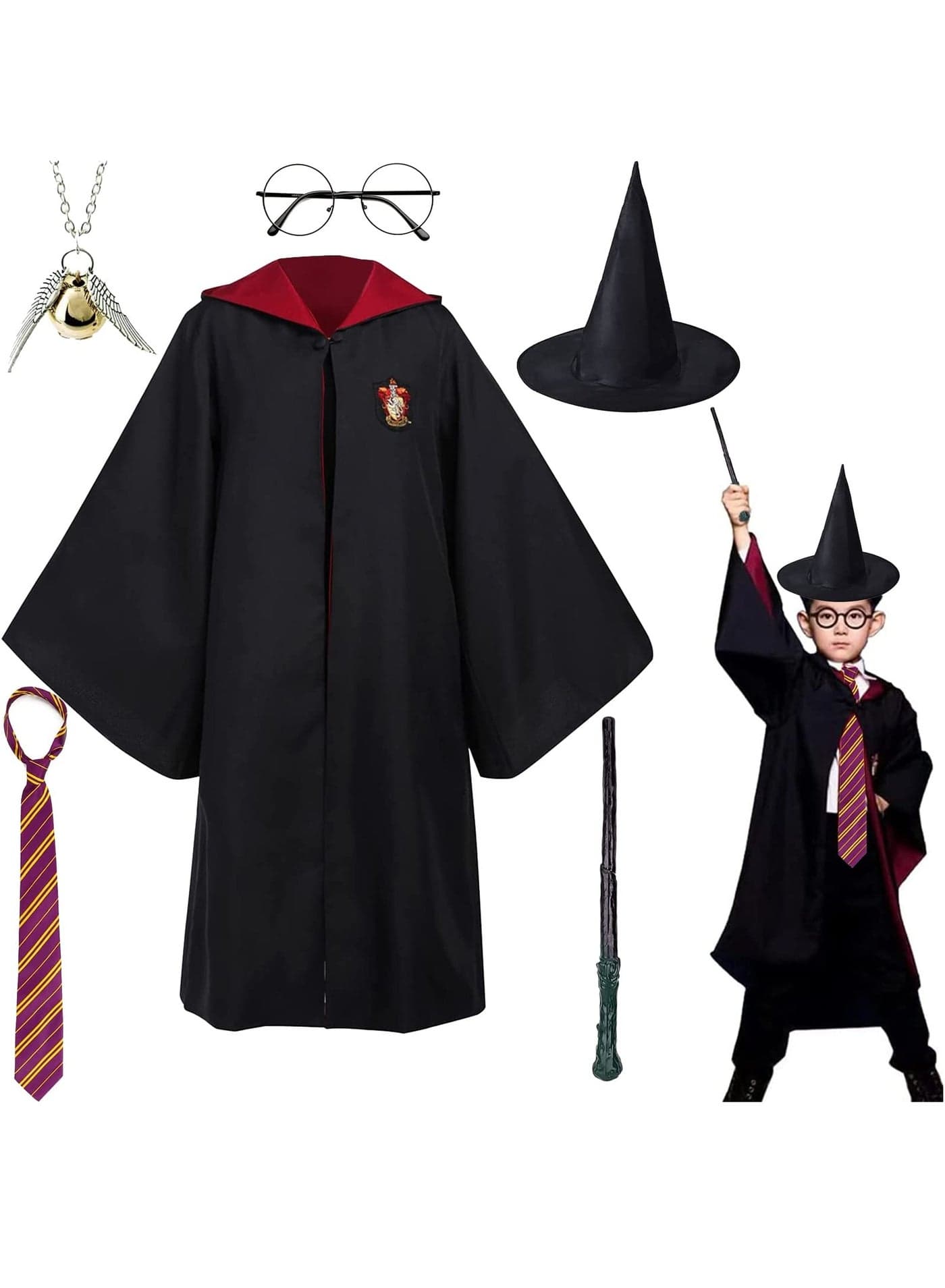 6PCS Kids Wizard Robes Cosplay Party Costume Magic Adults Wizard Cloak Wizarding Unisex Dress Up Magic Robe Cape Costume Hat Glasses Frame Tie Light Wand Necklace Costume for Boys Girls Gifts