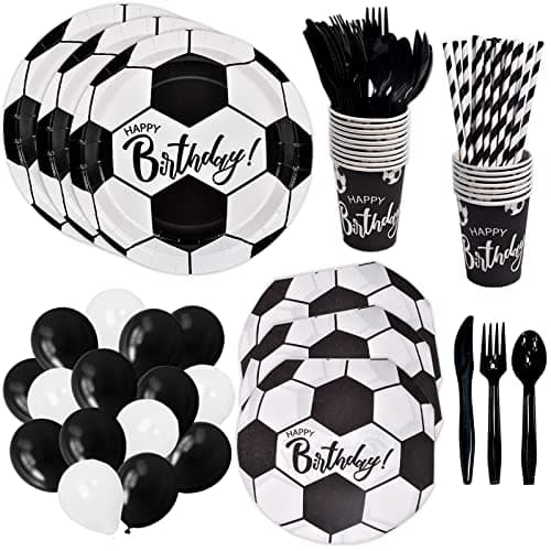DYLIVeS 192 Pcs Soccer Birthday Party Supplies Soccer Themed Party Decorations Soccer Party Favors Packs Disposable Tableware for Kids 8 Paper Plates Cups Napkins Straws Balloons Cutlery Serve 24