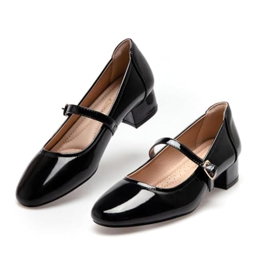 hingswink Mary Jane Shoes Women Black Low Heels Dress Shoes Pumps for Women Dressy Low Heel 2 Inch Chunky Heel Mary Janes Pumps with Adjustable Ankle Strap for Women Dressy Casual, Black, Size8