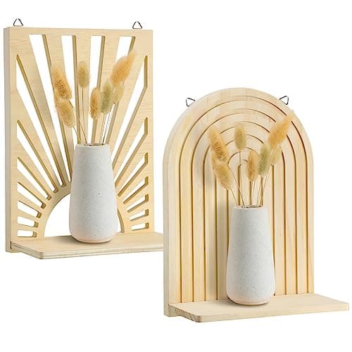 Tatuo 2 Pieces Boho Wall Shelf Decor Floating Shelves for Wall Wooden Hanging Holder for Living Room Bathroom Bedroom Office Nursery DecorationBoho Sun