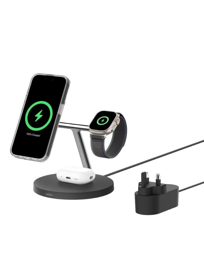 BoostCharge Pro 3-IN-1 | Wireless Magnetic Charging Stand w/ Qi2 15W, Strong Magnet, Fast Charge Apple & Android Phones, Apple Watch 9/8/7 Ultra 2, Incl. 40W Power Supply - Black black