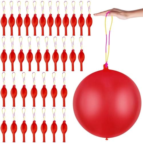 36 Pcs Red Punch Balloons with Rubber Band Handle for Easy Grip Ideal for Kids Birthday Party Favors Classroom Outdoor PlayRed