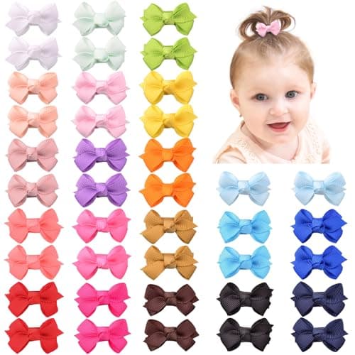 Mini Fully Lined Grosgrain Ribbon Hair Bows Clips for Baby Girls with Fine Hair 40PCS 20 Color Pairs