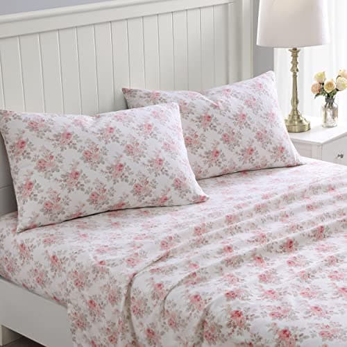 Laura Ashley King Sheet Set Cotton Flannel Bedding Brushed for Extra Softness Comfort Lisalee Pink King