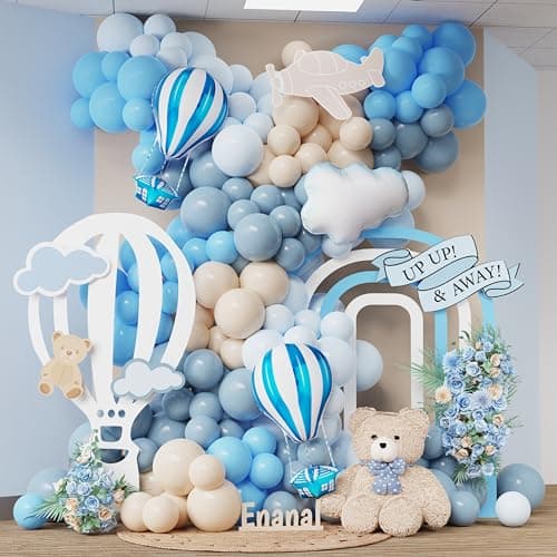 Enanal Up Up and Away Balloon Garland Arch Kit 152pcs Dusty Slate Fog Baby Blue and Sand White Balloons with Hot Air Balloon and Cloud Foil Balloons for Baby Shower Decoration Teddy Themed Party
