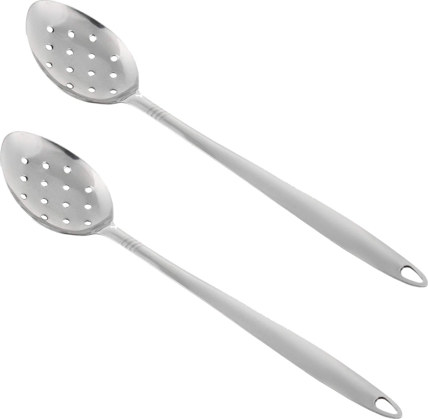 Large Metal Cooking Spoon with Holes- Pack of 2 - Stainless Steel Slotted Serving Spoon - Perforated Metal Spoon with Long Handle