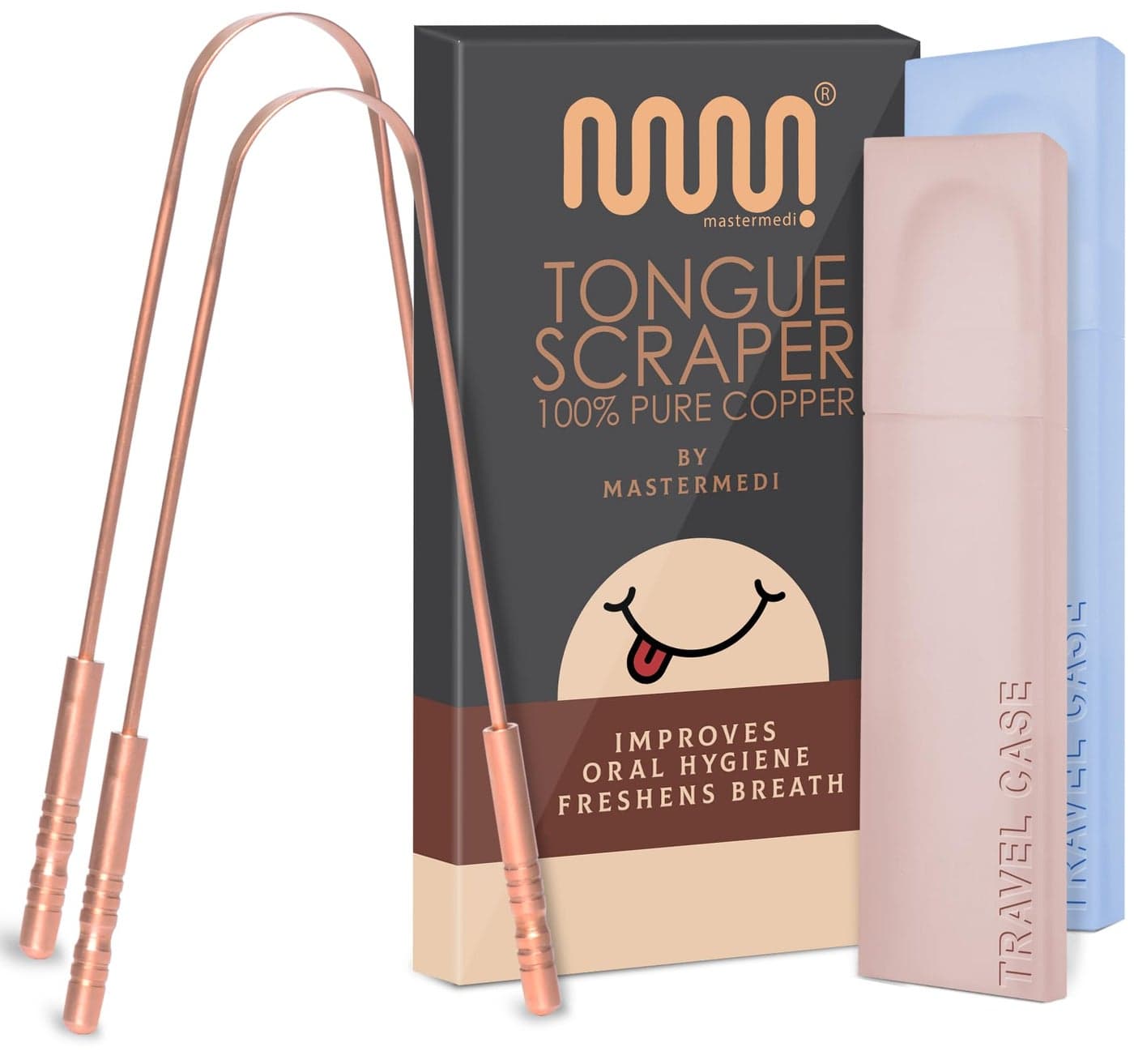 MasterMedi Tongue Scraper with Case Easy to Use Tongue Scraper for Adults, Tongue Cleaner for Oral Care & Hygiene (Copper Set of 2 (with Travel Case))
