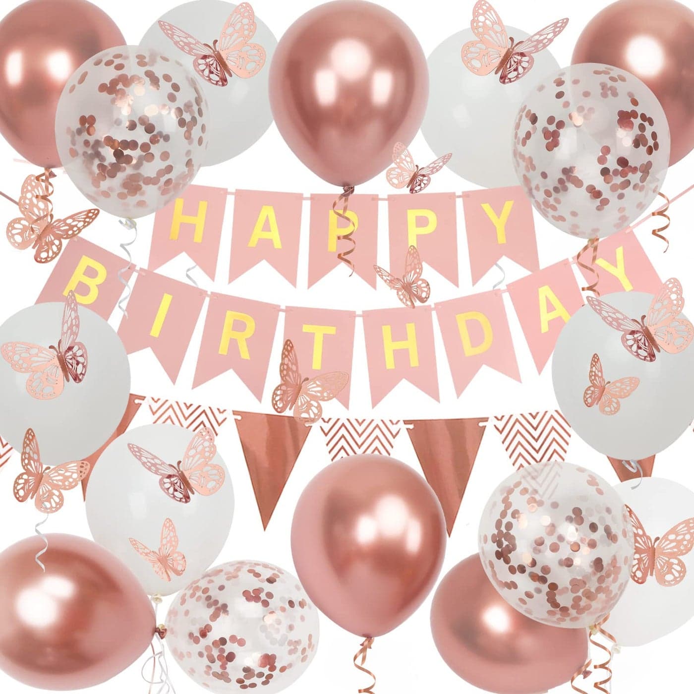 Rose Gold Birthday Decorations Women Happy Birthday Banner for Girls Party Decorations with Balloons Pennant Banner Flags and Rose Gold Butterfly Decorations