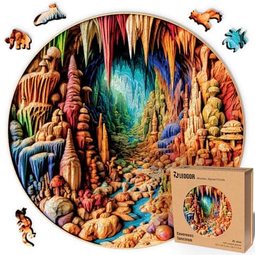 LEOGOR Wooden Jigsaw Puzzles for Adults 500 Pieces 18x179 in Large High End Round 3D Vision Cave Puzzle with Mosaic Shapes Thick 5mm Wood Difficult Brain Teaser Premium Puzzle Gifts for Adults
