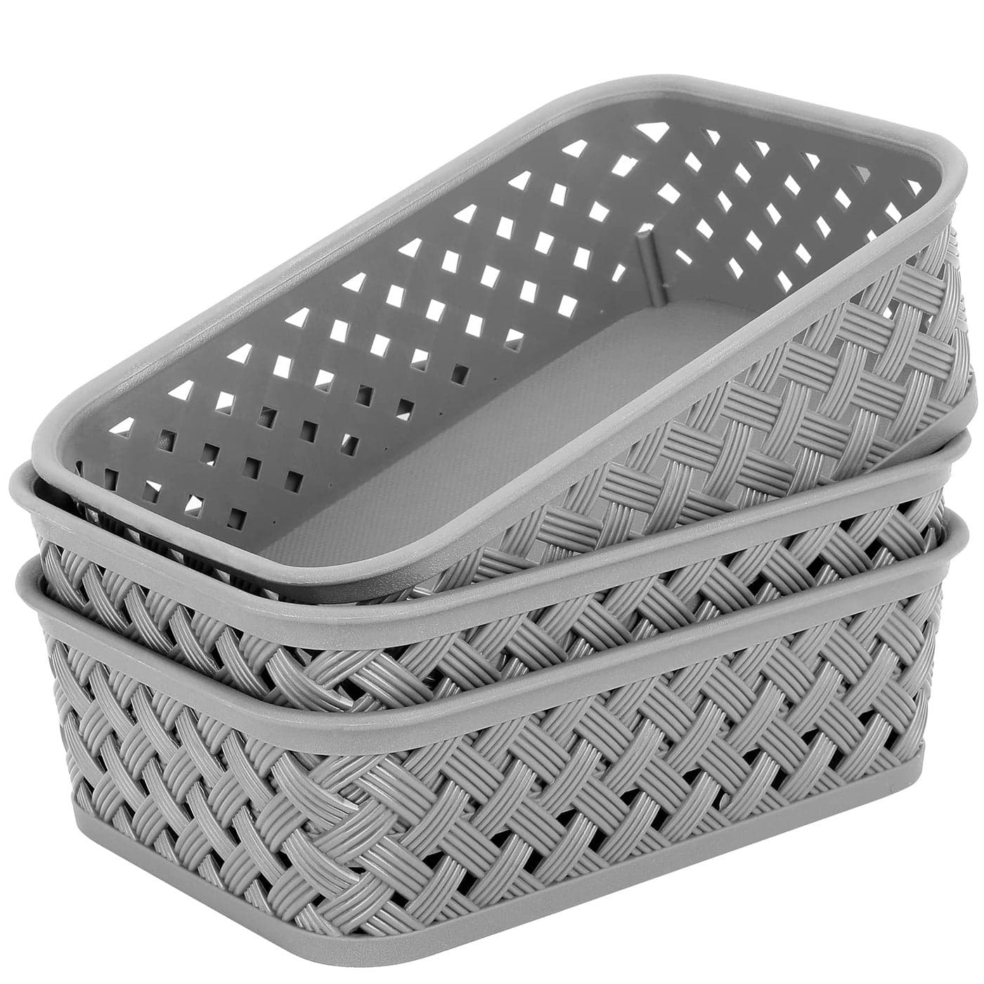 MaxGear Organization and Storage 3 Packs Plastic Bins Organizer Bins Woven Baskets for Storage Plastic Baskets with Handles Grey Basket for Organizing Basket Organizer for Home and Office Small