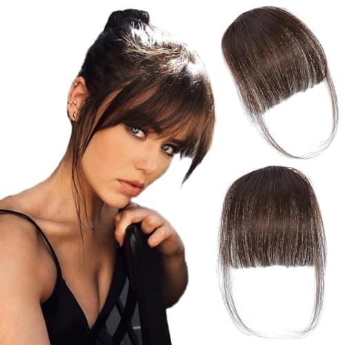 ORIGEN Clip in Bangs Real Human Hair Clip on Wispy Bangs Fringe with Temples Hairpieces Fake Front Bangs Extensions for Women Dark Brown Color