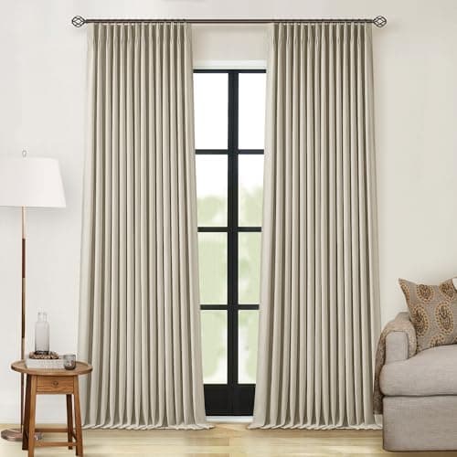 90 Inch 100% Blackout Linen Pleated Curtains 2 Panels for Living Room Pinch Pleated Back Tab Black Out Drapes Memory Shape Taupe Heat Reducing Pinch Pleat Window Curtains for Bedroom 90 Inches Long