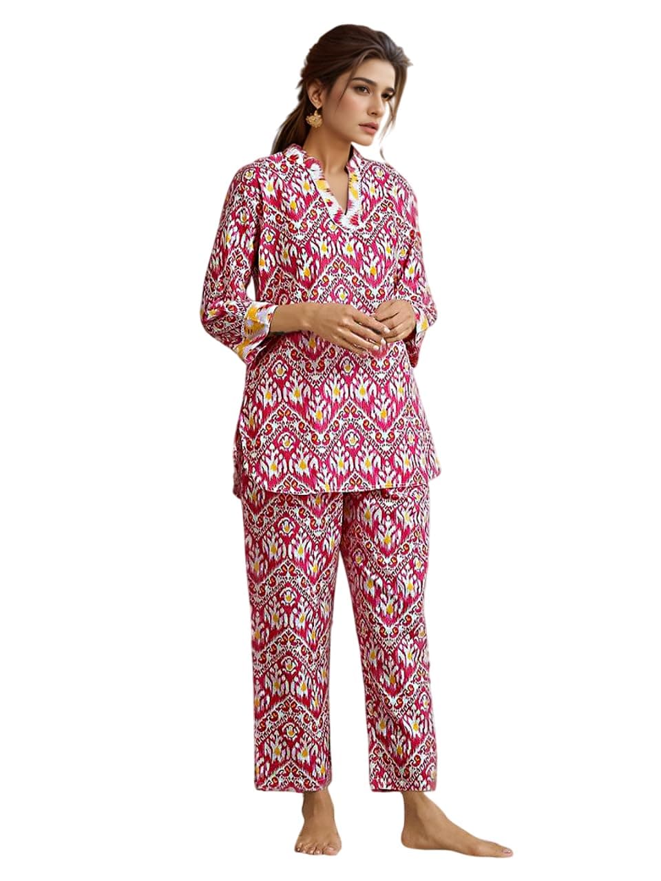 NAINVISH Women's Pink Printed Straight Rayon Blend V-Neck Co-ord Set (SD727_KB-S_Pink)