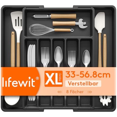 Lifewit Silverware Drawer Organizer Expandable Utensil Tray for Kitchen BPA Free Flatware and Cutlery Holder Adjustable Plastic Storage for Spoons Forks Knives 33 57 x 42cm Black