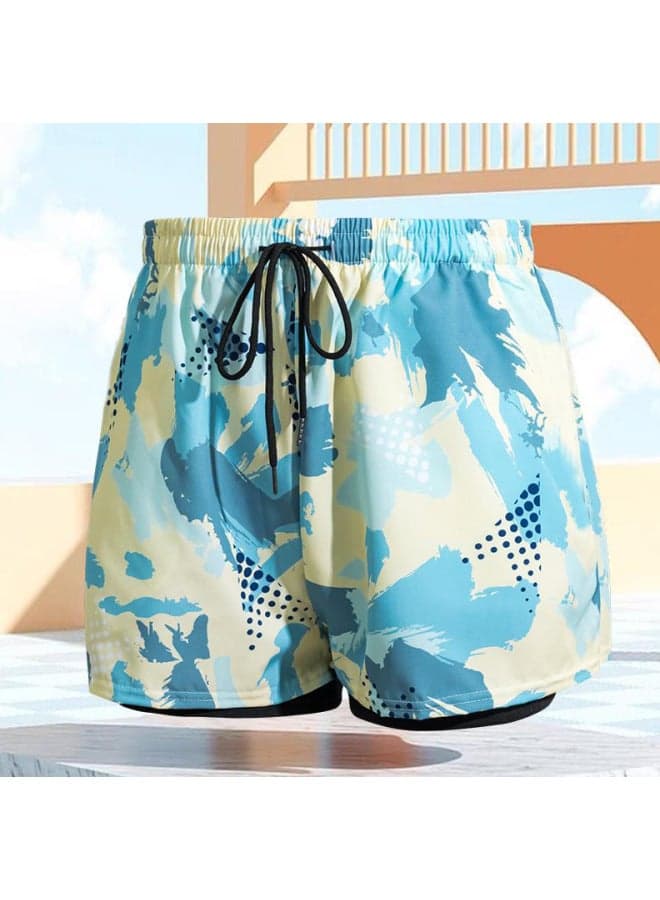 Loose Fashion Swimming Trunks Men's Double-layer Anti-embarrassment Professional Five-point Quick-drying Swimsuit Sports Beach Swimming Equipment-Color:Yellow-