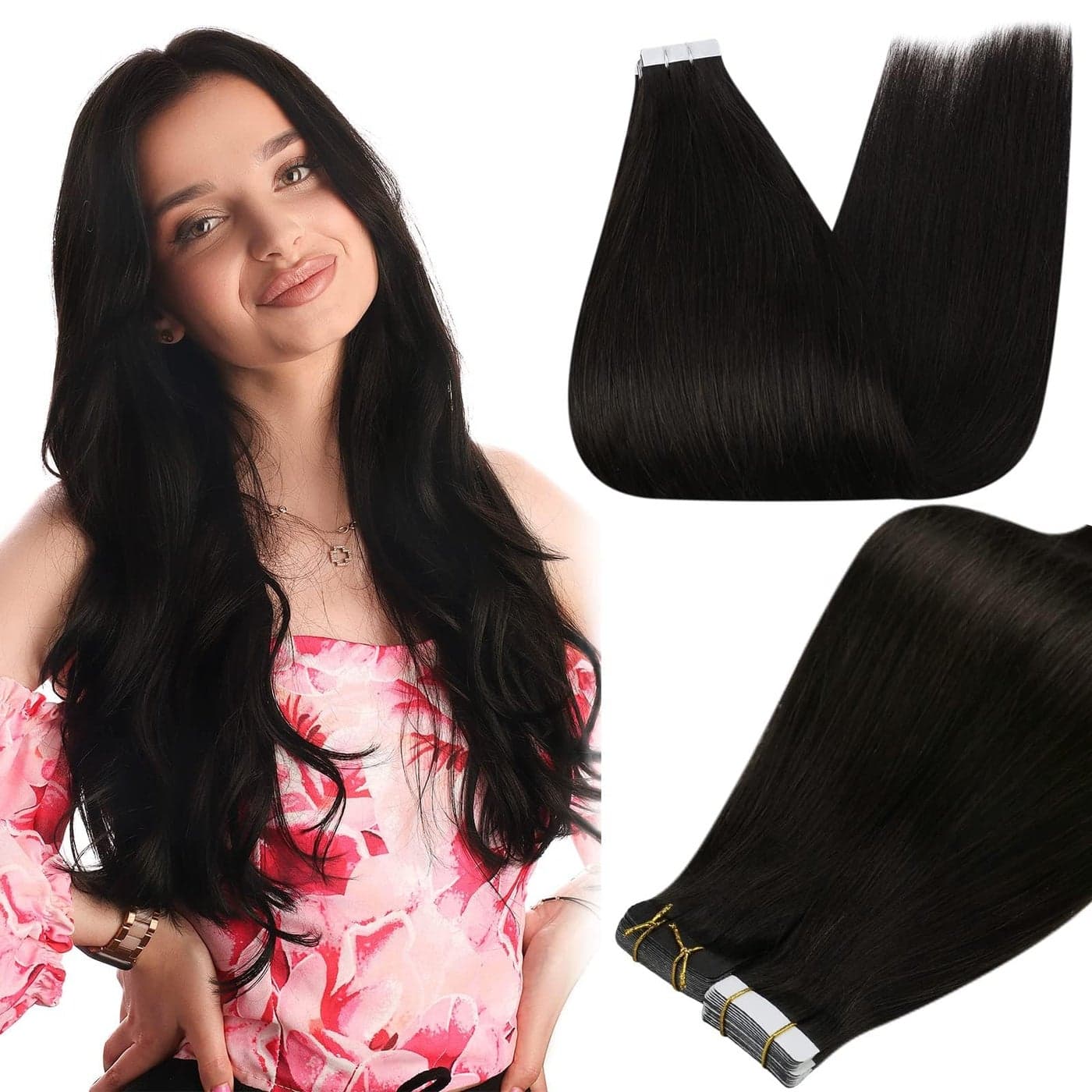 Full Shine Tape in Hair Extensions Human Hair 14Inch Black Human Hair Extensions Invisible Color 1B Natural Tape in Extensions Real Human Hair 20Pcs 50G Double Sided Hair Extension Tape ins