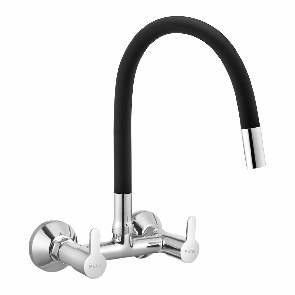 Ruhe Pavo Sink Mixer Flexible Spout FaucetTap Foam Flow Function 20Inch Double Lever Sink Mixer Flexible Silicon Black Spout FaucetTap Wall Mount Chrome Finish for Kitchen Sinks Bathrooms