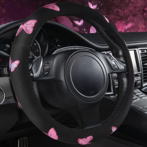 Car Pass Purple Embroidery Butterfly Steering Wheel Cover Universal 15 Inch Car Wheel Cover for Women Girls Fit for SuvsSmall TrucksSedansCars Black and Purple