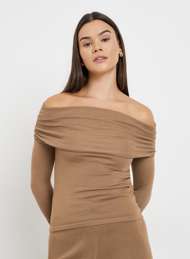 Styli Women Coffee Brown Bardot Neck Flat Knit Top