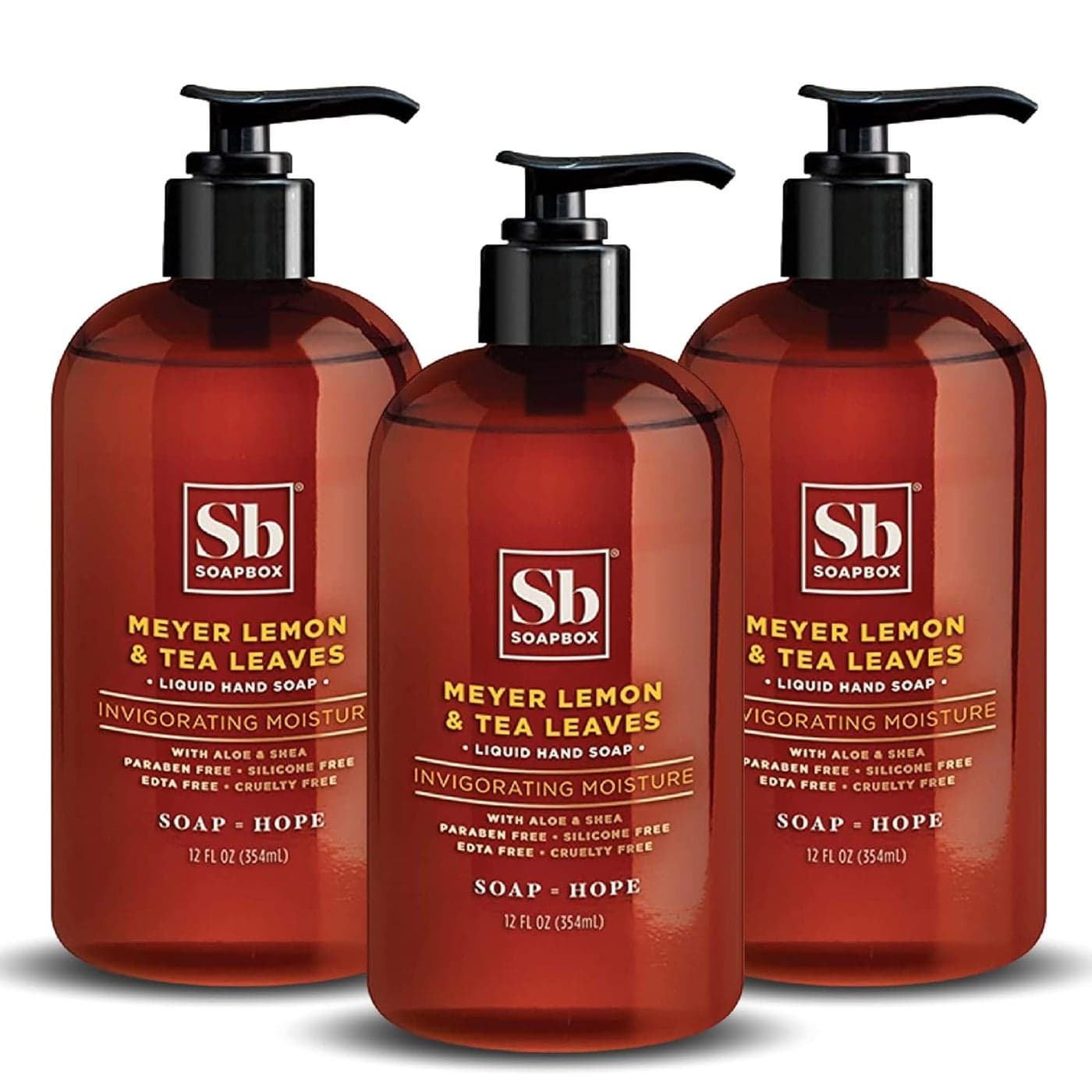 Soapbox Liquid Hand Soap Meyer Lemon Tea Leaves Gentle Moisturizing Hand Cleanser Vegan Cruelty Free Hand Soap for Bathroom and Kitchen 12oz Pump Bottles Pack of 3