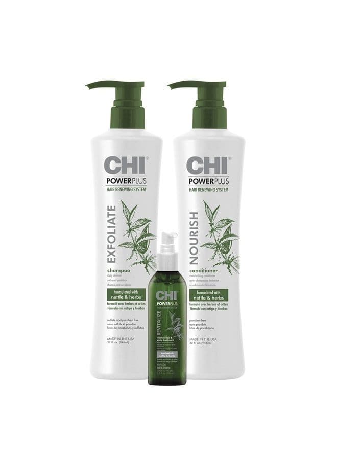 Power Plus Step Exfoliate Shampoo 32oz Power Plus Step 2 Nourish Conditioner 32oz and Power Plus Step 3 Revitalize Vitamin Hair Scalp Treatment 3.5oz fluid_ounces, 12 Fl Oz