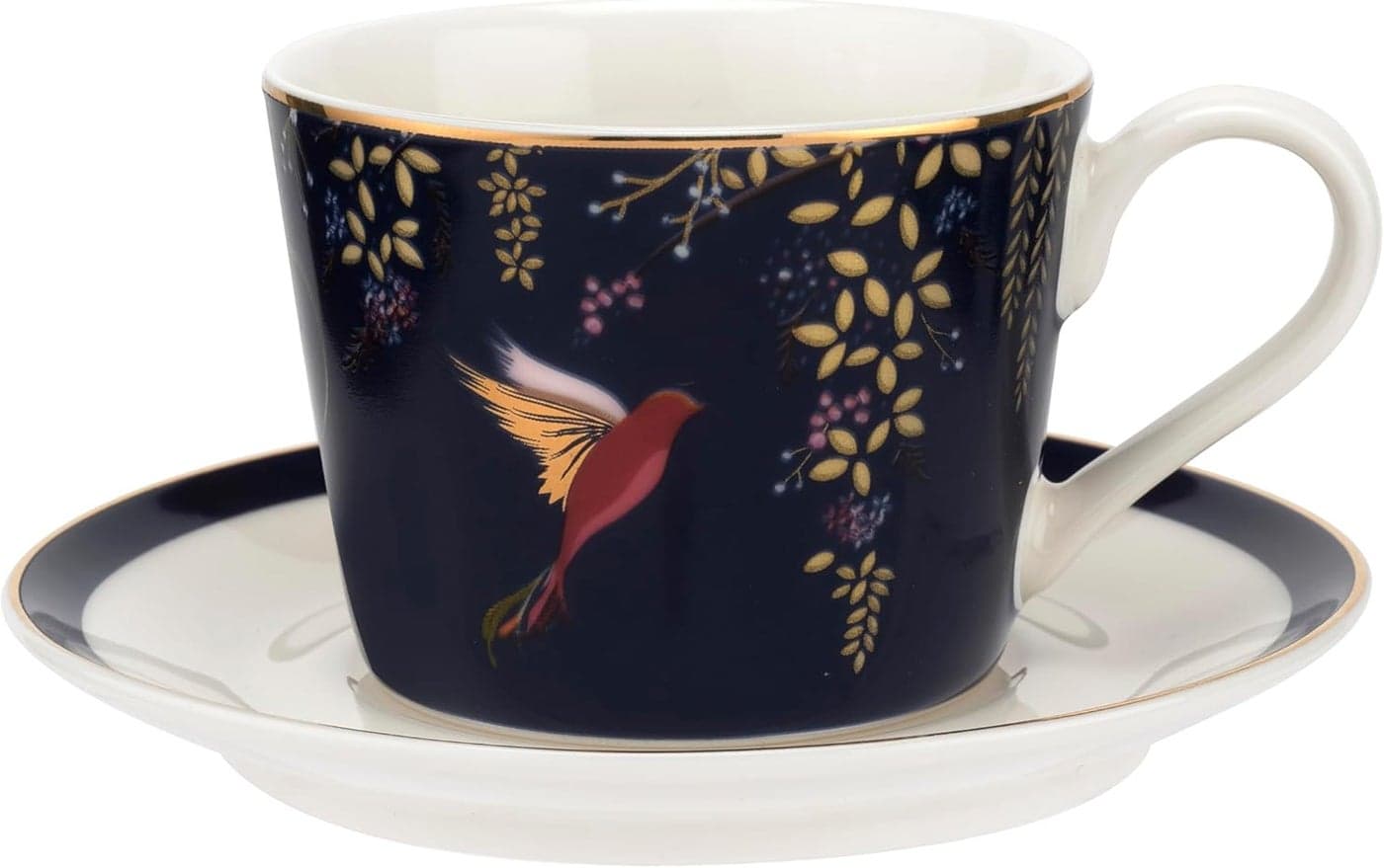 Sara Miller Chelsea 8oz Fine China Teacup Saucer Set Navy with 22K Gold Rim Elegant Afternoon Tea Cup with Hummingbird Design for Tea Party or Picnic Essentials Great Gift for HerMothers