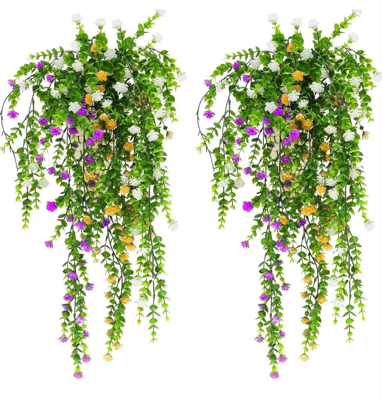 VRB Dec 2 Pcs Artificial Dry Baby's Breath Greenery Hanging Plants Vines Fake Ivy Hanging Flowers Vine Wall Hanging for Home Decor,Wall,Balcony Decoration. (2, Mix Multicolor Euclyptus Fern Hanging)