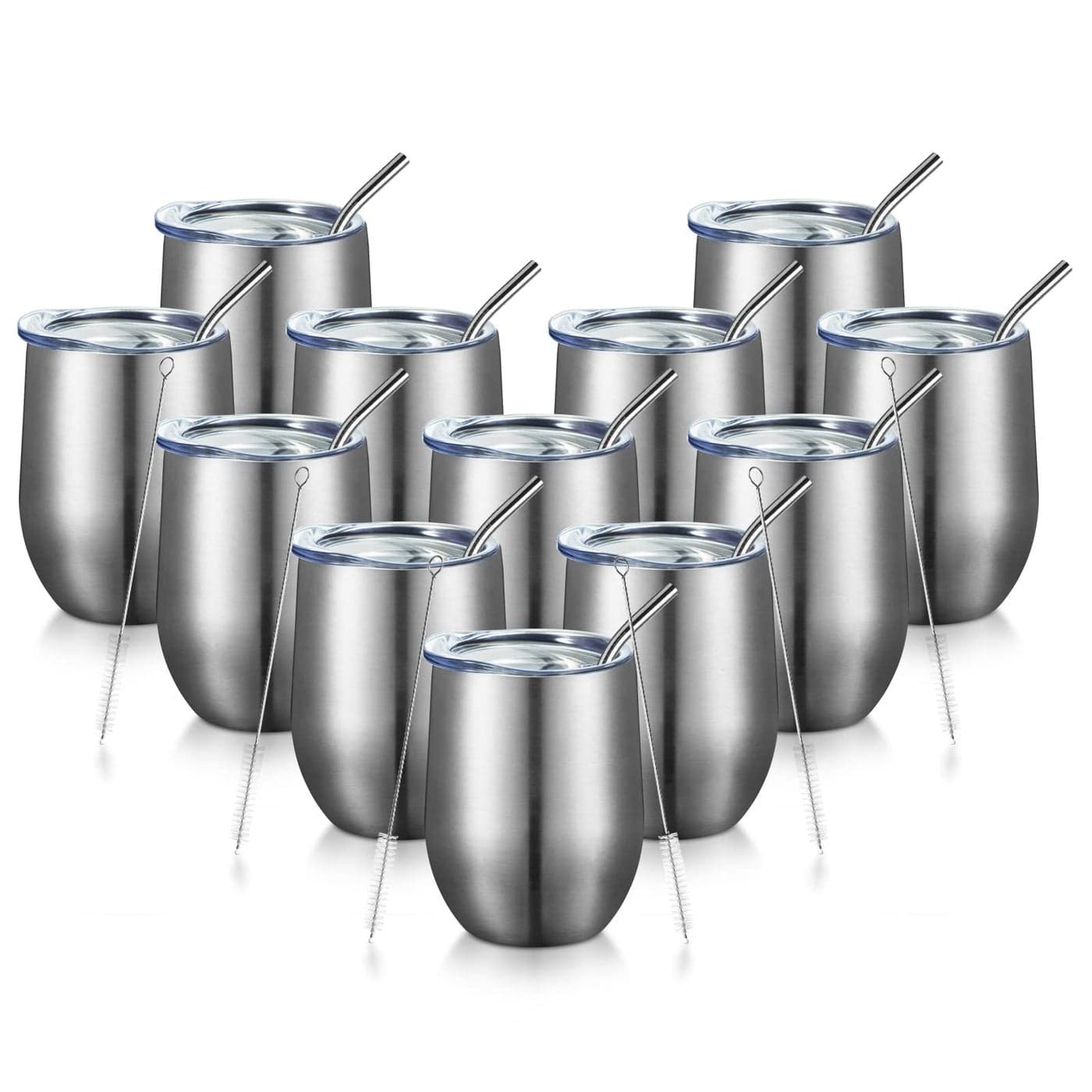 COMOOO 12oz Insulated Wine tumbler with Lid Stainless Steel Stemless Wine Tumbler GlassDouble Wall Vacuum Wine Tumbler Cups with Straw for Coffee CocktailsBeerChampaign Silver 12 pack