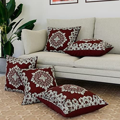 Kuber Industries Velvet Cushion Cover | Sofa Cushion Covers | Embossed Square Couch/Cushion Covers | Set of 5 | 16 Inch | Maroon